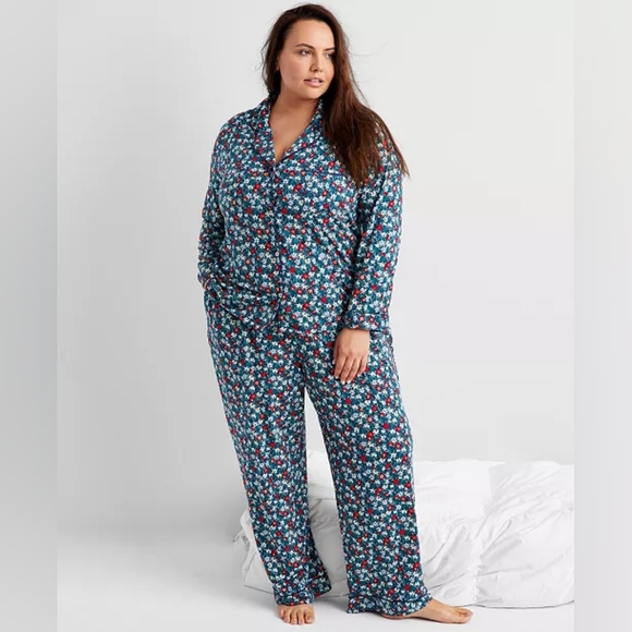 Matching Pajama Set Large Floral Long Sleeve Button Front Elastic Waist Stretchy - Picture 1 of 15